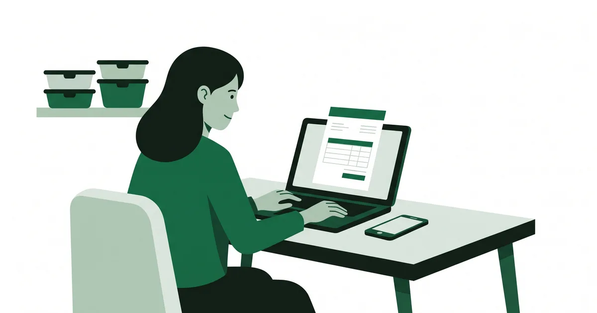 Ilustrasi pemilik usaha katering menyiapkan invoice di laptop dengan ponsel di sampingnya