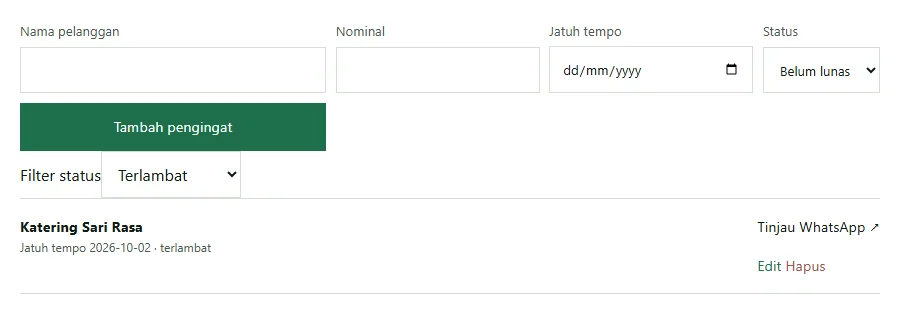 Tangkapan layar alat pengingat jatuh tempo Neracaku dengan filter status Terlambat, menyisakan satu invoice Katering Sari Rasa yang jatuh tempo 2 Oktober 2026