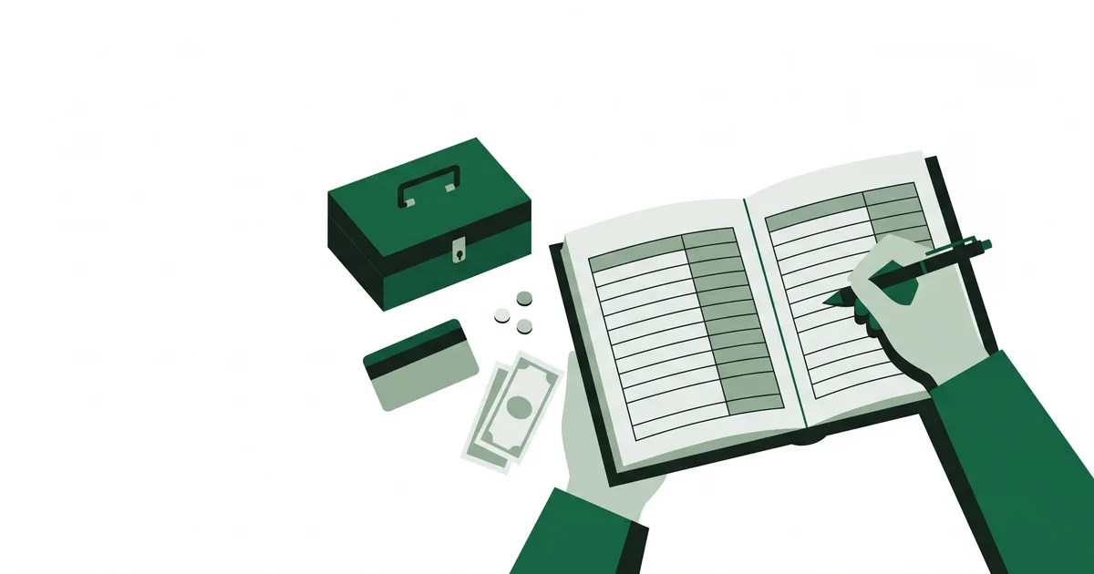 Ilustrasi buku kas terbuka dengan kolom uang masuk dan uang keluar, kotak uang, dan kartu bank