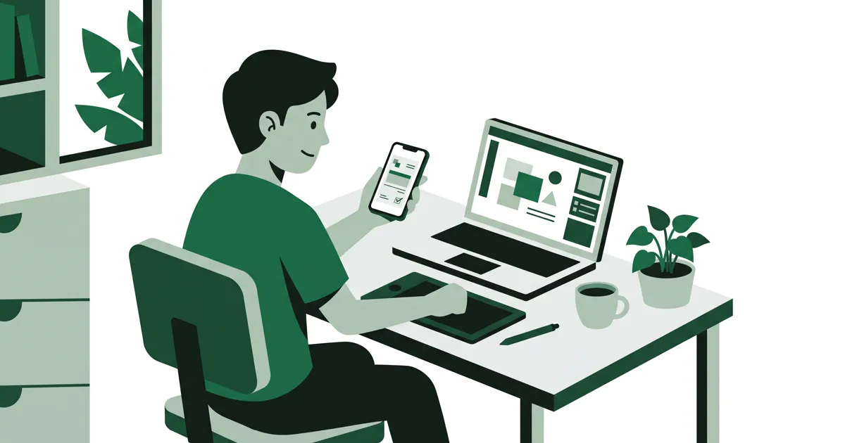 Ilustrasi pekerja lepas di meja kerja rumah dengan laptop dan tablet gambar, memegang ponsel untuk mengirim invoice satu halaman