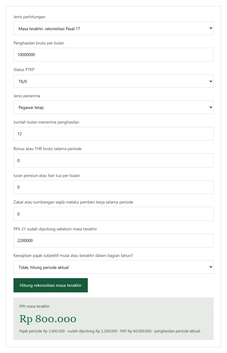 Tangkapan layar kalkulator PPh 21 TER Neracaku mode masa terakhir: bruto Rp10.000.000, TK/0, pegawai tetap, 12 bulan, tanpa bonus, iuran, dan zakat, potongan sebelumnya Rp2.200.000, hasil PPh masa terakhir Rp800.000 dengan PKP Rp60.000.000