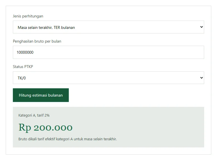 Tangkapan layar kalkulator PPh 21 TER Neracaku mode masa selain terakhir: bruto Rp10.000.000, status TK/0, hasil kategori A tarif 2 persen dan potongan Rp200.000