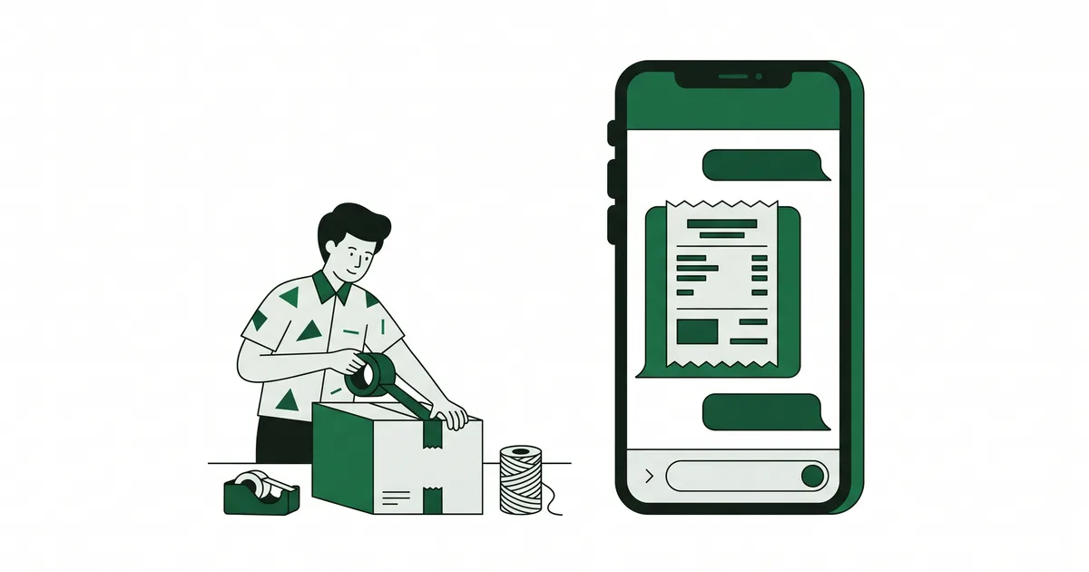 Ilustrasi ponsel berisi percakapan dengan pesan berbentuk nota, di samping penjual online yang mengemas paket