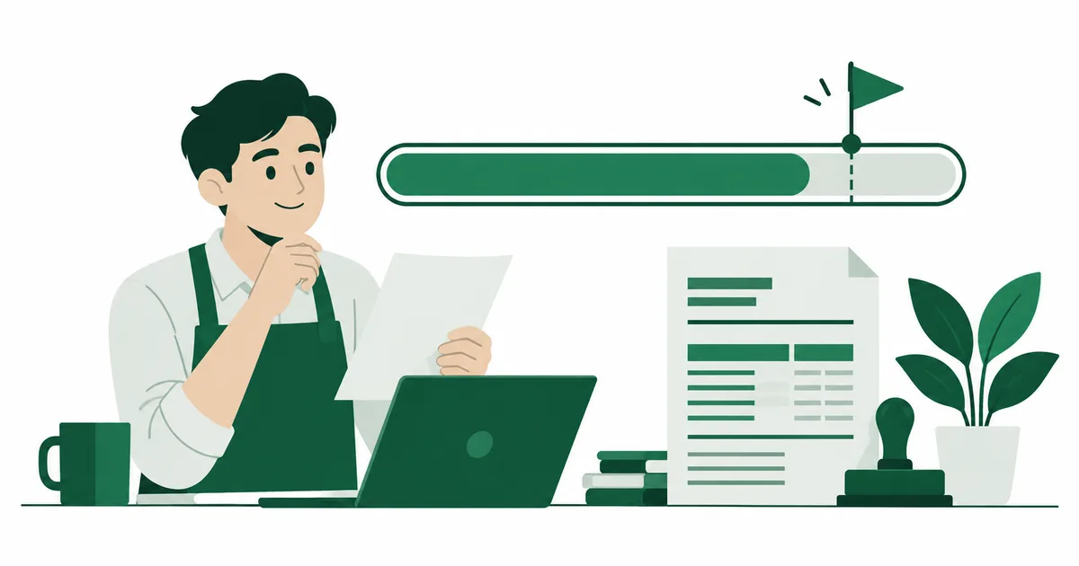 Ilustrasi pemilik usaha memeriksa progres omzet tahunan menuju batas, dengan formulir pajak dan stempel