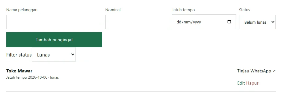 Tangkapan layar alat pengingat jatuh tempo Neracaku dengan filter status Lunas, menampilkan invoice Toko Mawar yang jatuh tempo 6 Oktober 2026 dan sudah berstatus lunas