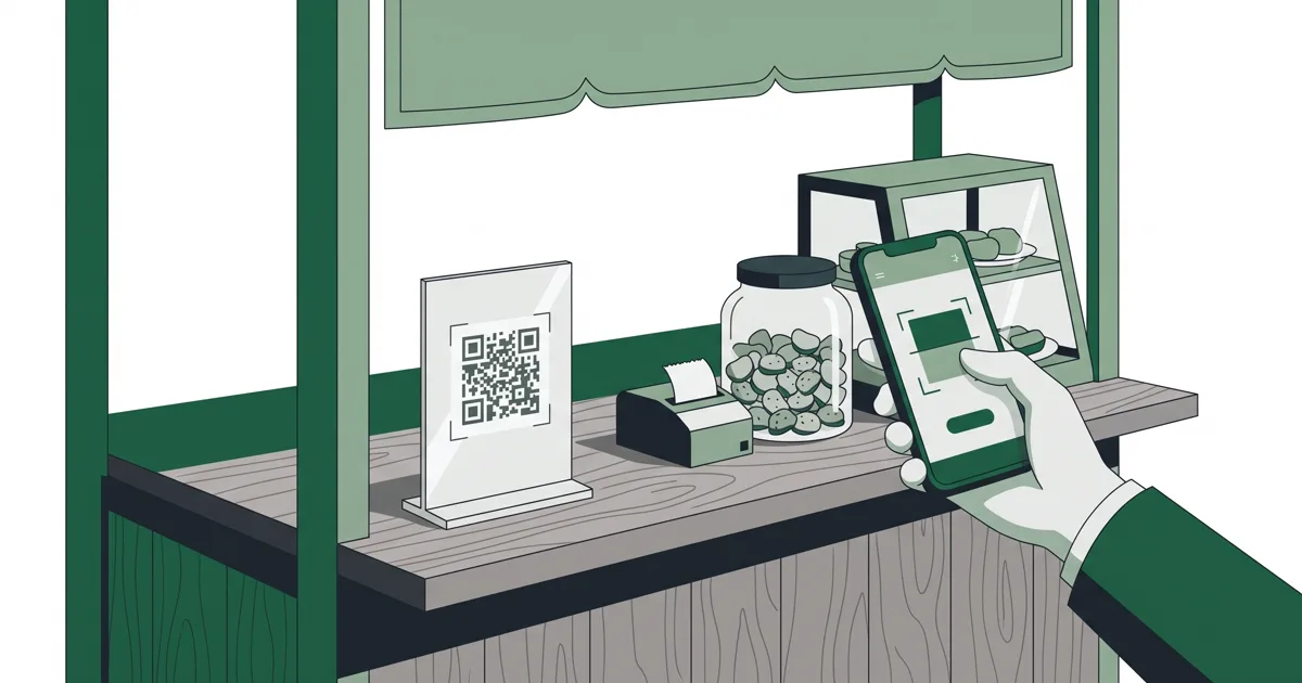 Ilustrasi meja warung dengan papan akrilik berisi kode QR, printer struk kecil, toples camilan, dan tangan pelanggan memegang ponsel yang sedang memindai