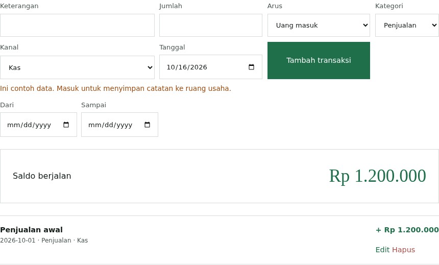 Tampilan asli contoh publik Buku Kas Neracaku dengan kategori, filter tanggal, dan saldo simulasi